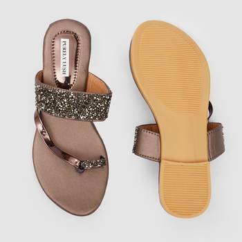 Purely Lush Brown Glitter Ethnic Flat Slippers for Women 5