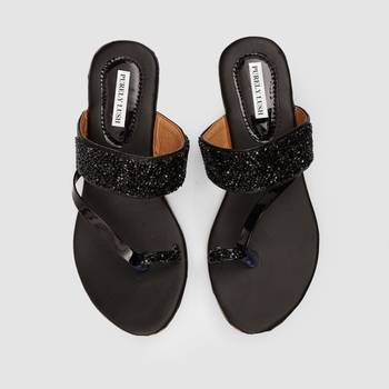 Purely Lush Black Glitter Ethnic Flat Slippers for Women 1