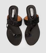 Purely Lush Black Glitter Ethnic Flat Slippers for Women