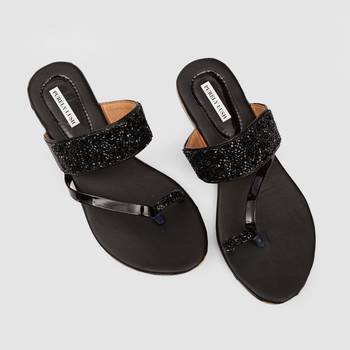 Purely Lush Black Glitter Ethnic Flat Slippers for Women 2