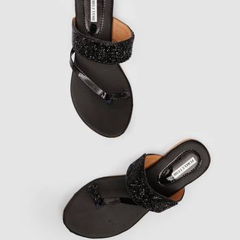 Purely Lush Black Glitter Ethnic Flat Slippers for Women 3