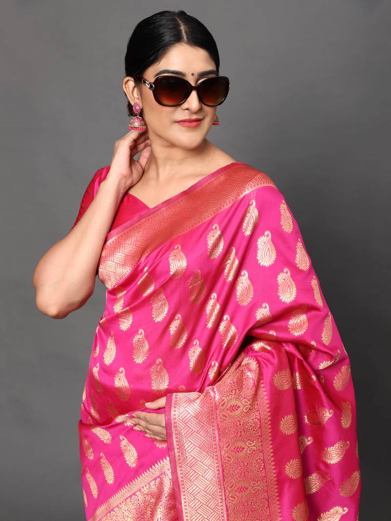 Glemora Pink Beautiful Ethnic Wear Silk Blend  Traditional Saree