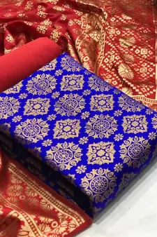 VredeVogel Royal blue Banarasi silk Unstitched dress material