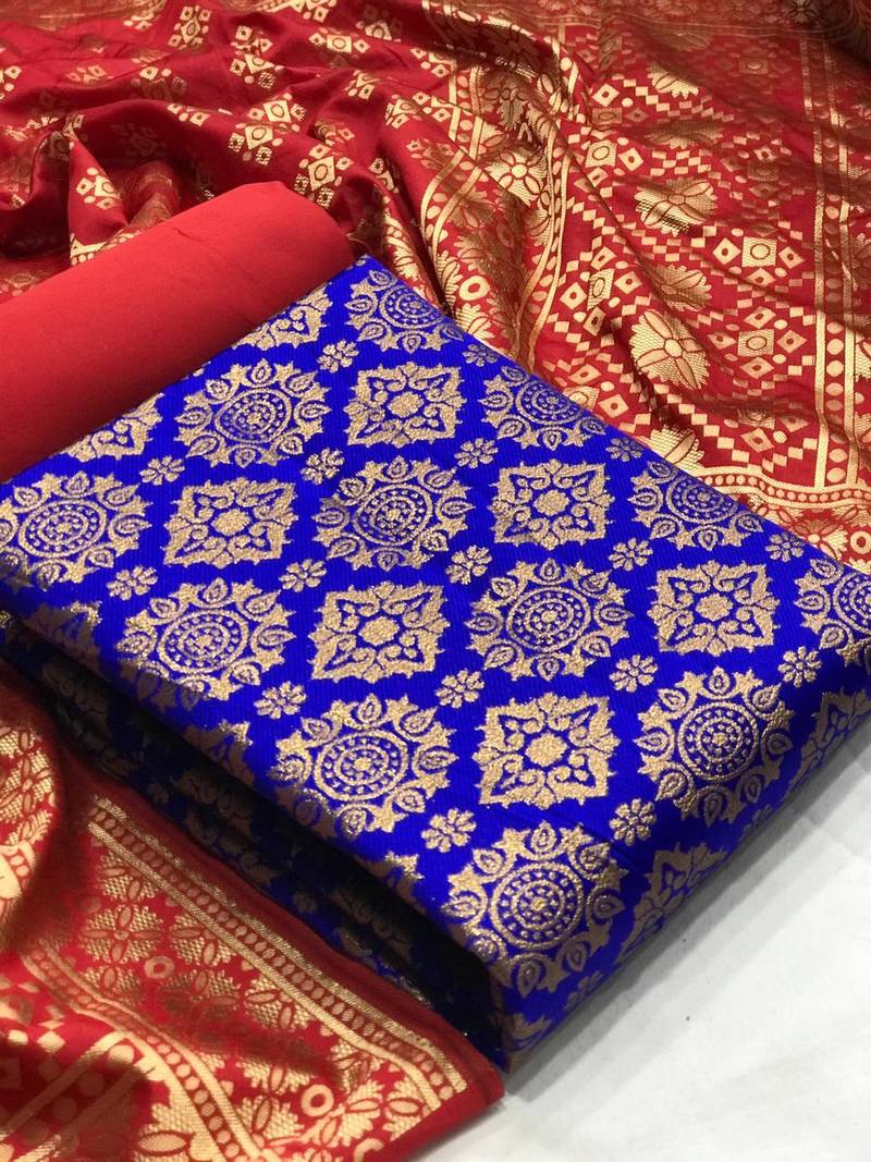 VredeVogel Royal blue Banarasi silk Unstitched dress material