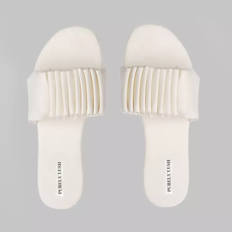 Purely Lush White Ruffle Sliders for Women