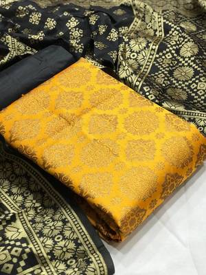  Yellow Banarasi silk Unstitched dress material 1