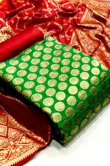  Green Banarasi silk Unstitched dress material