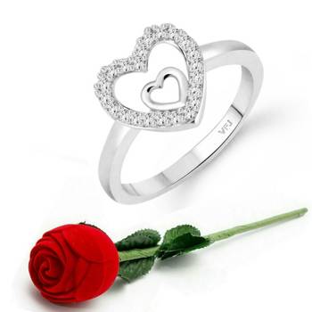 Silver Royal Heart Designer Ring with Scented Velvet Rose Ring Box for women  [VFJ1585SCENT ROSE14 ] 1