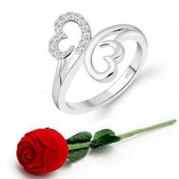 Modish Double Heart (CZ) Rhodium Plated  Ring with Scented Velvet Rose Ring Box for women  [VFJ1587SCENT ROSE8 ] 1