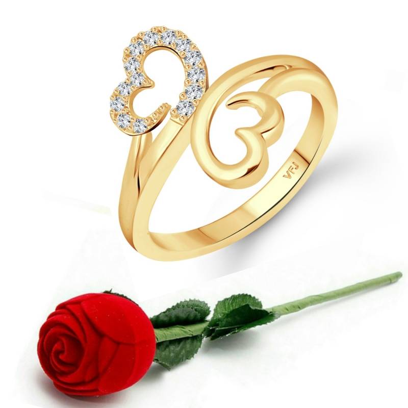 Modish Double Heart (CZ) Gold Plated  Ring with Scented Velvet Rose Ring Box for women  [VFJ1587SCENT ROSEG14 ]