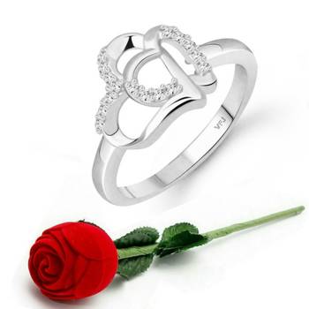 Loveble Heart (CZ) Rhodium Plated Ring with Scented Velvet Rose Ring Box for women  [VFJ1589SCENT ROSE16 ] 1