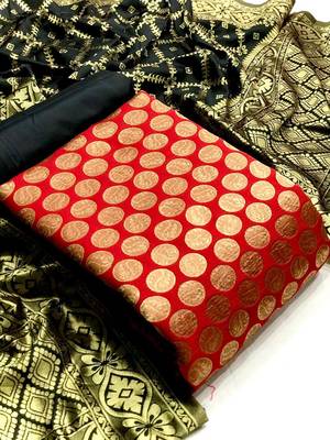  Red Banarasi silk Unstitched dress material 1
