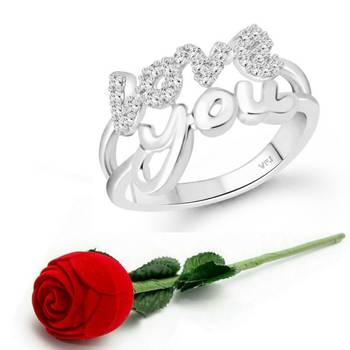 Valentine message Love  (CZ) Rhodium Plated  Ring with Scented Velvet Rose Ring Box for women  [VFJ1591SCENT ROSE16 ] 1