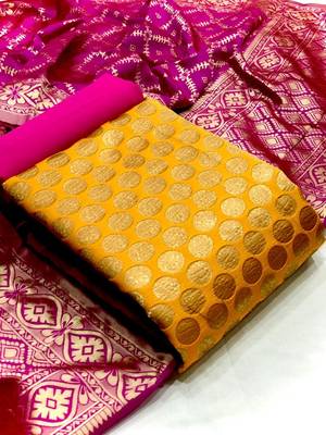  Yellow Banarasi silk Unstitched dress material 1