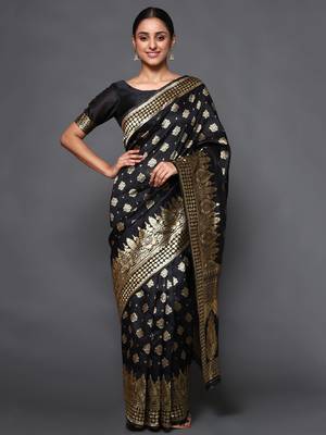 Glemora Black Beautiful Ethnic Wear Silk Blend  Traditional Saree 1
