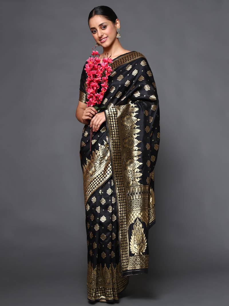 Glemora Black Beautiful Ethnic Wear Silk Blend  Traditional Saree