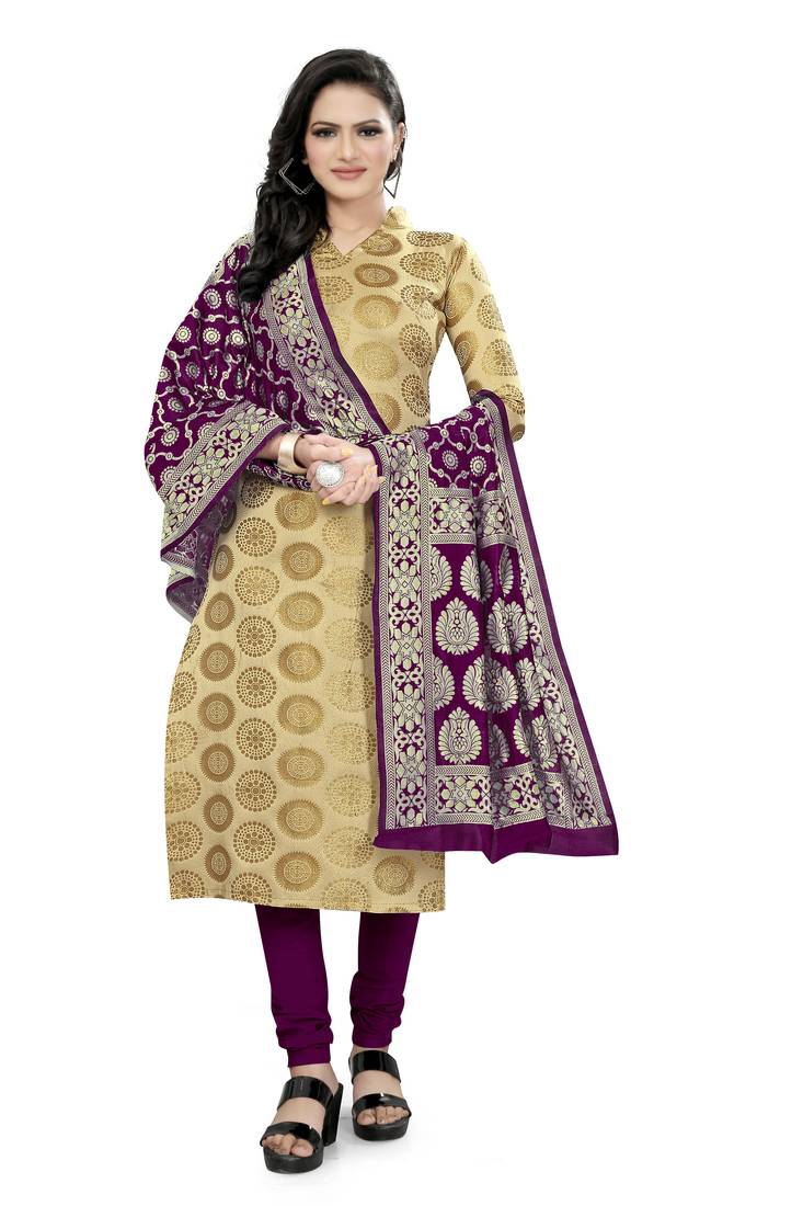 VredeVogel Beige Banarasi silk Unstitched dress material