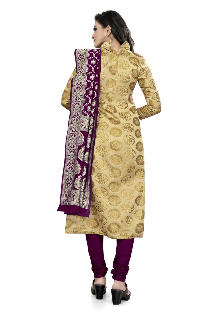 VredeVogel Beige Banarasi silk Unstitched dress material