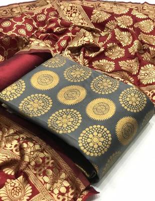  Grey Banarasi silk Unstitched dress material 1