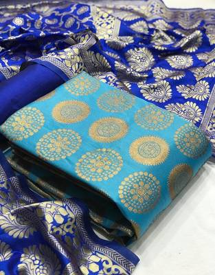  Light blue Banarasi silk Unstitched dress material 1