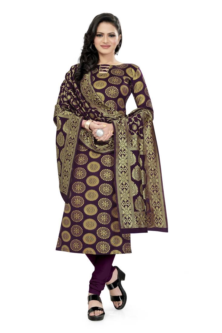  Purple Banarasi silk Unstitched dress material