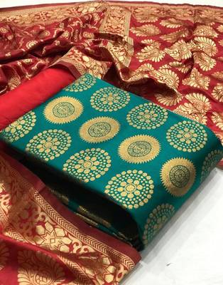  Rama green Banarasi silk Unstitched dress material 1