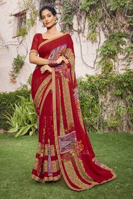 Maroon printed georgette saree with blouse 1