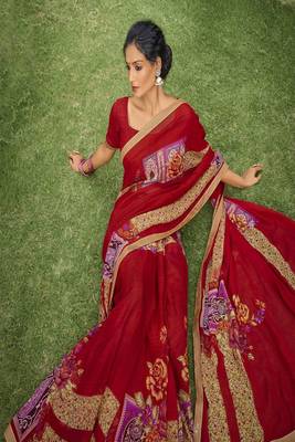 Maroon printed georgette saree with blouse 2