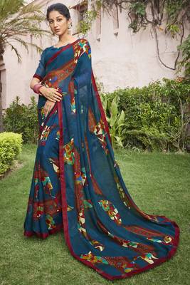 Dark blue printed georgette saree with blouse 1