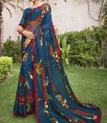 Dark blue printed georgette saree with blouse