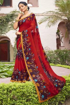 Red printed georgette saree with blouse 1