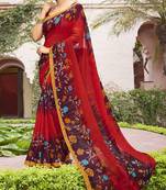 Red printed georgette saree with blouse