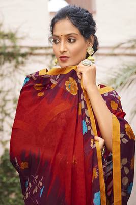 Red printed georgette saree with blouse 2