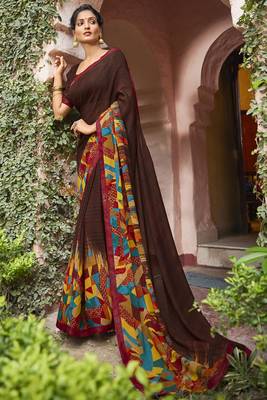 Brown printed georgette saree with blouse 1