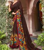 Brown printed georgette saree with blouse