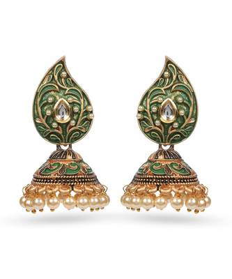 Beautiful Indian Design Green Meenakari Jhumka Zircon Zinc Jhumki Earring 1
