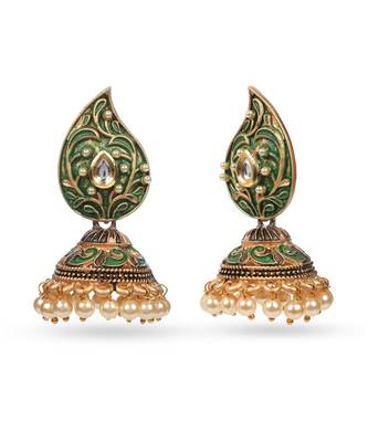 Beautiful Indian Design Green Meenakari Jhumka Zircon Zinc Jhumki Earring 2