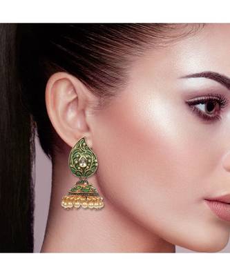 Beautiful Indian Design Green Meenakari Jhumka Zircon Zinc Jhumki Earring 3