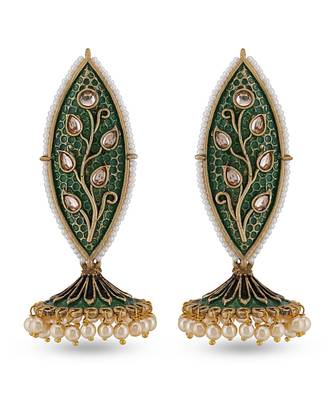 Traditional Design Green Meenakari long  Jhumki Earring 1