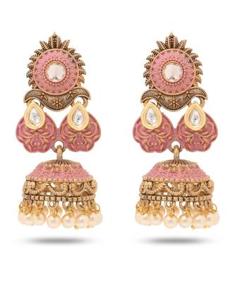 Lightweight Metal With Beautiful Pink Mint Meenakari Antique Jhumka Earrings 1