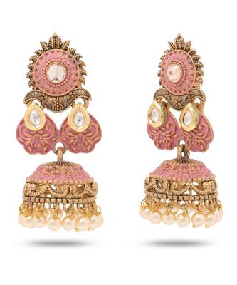 Lightweight Metal With Beautiful Pink Mint Meenakari Antique Jhumka Earrings 2