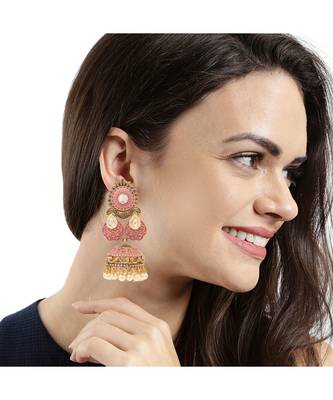 Lightweight Metal With Beautiful Pink Mint Meenakari Antique Jhumka Earrings 3