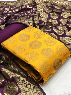 Yellow Banarasi silk Unstitched dress material 1