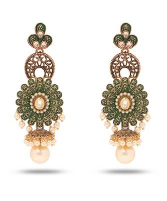 Traditional Designer Gold Plated Green Meenakari Floral Jhumka Earrings 1