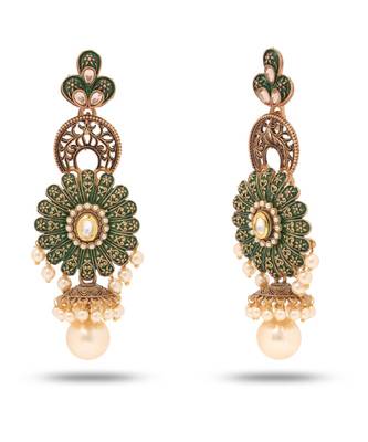 Traditional Designer Gold Plated Green Meenakari Floral Jhumka Earrings 2