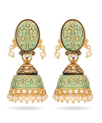 Indian Design Green Mint Meenakari Jhumka Agate Zinc Jhumki Earring 1