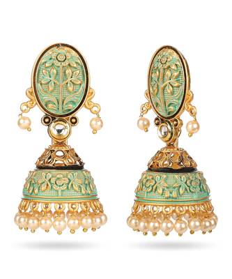 Indian Design Green Mint Meenakari Jhumka Agate Zinc Jhumki Earring 2