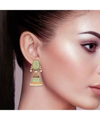 Indian Design Green Mint Meenakari Jhumka Agate Zinc Jhumki Earring 3