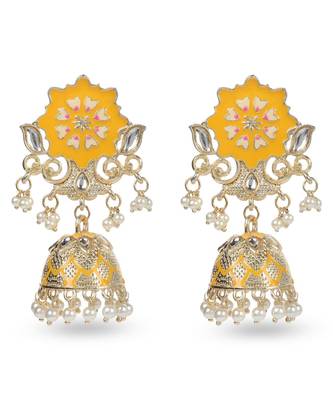 Beautiful Yellow Mint Meenakari Jhumka Earrings 1