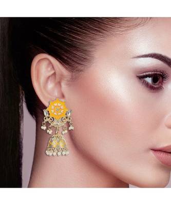 Beautiful Yellow Mint Meenakari Jhumka Earrings 2
